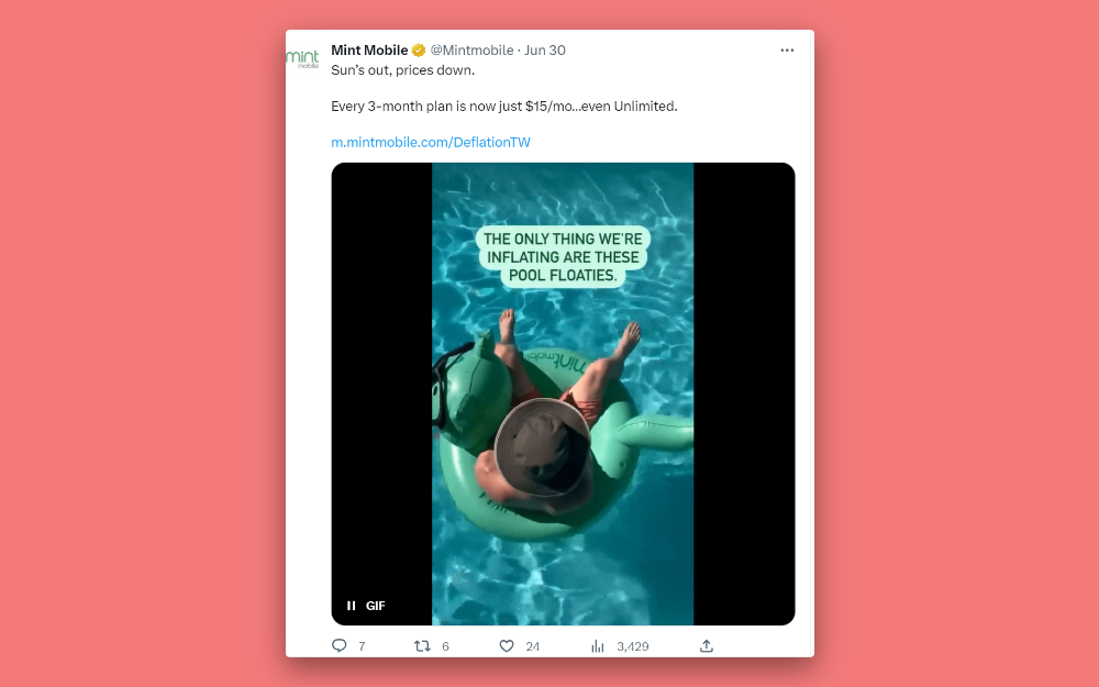A screenshot of Mint Mobile’s Twitter account with entertaining captions