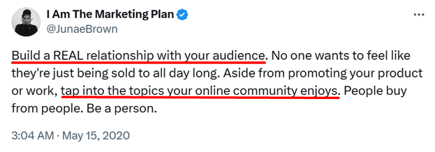 Screenshot of a quote on building relationships with your audience.