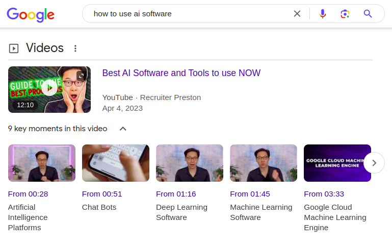 A video appears in SERP for an informational search.