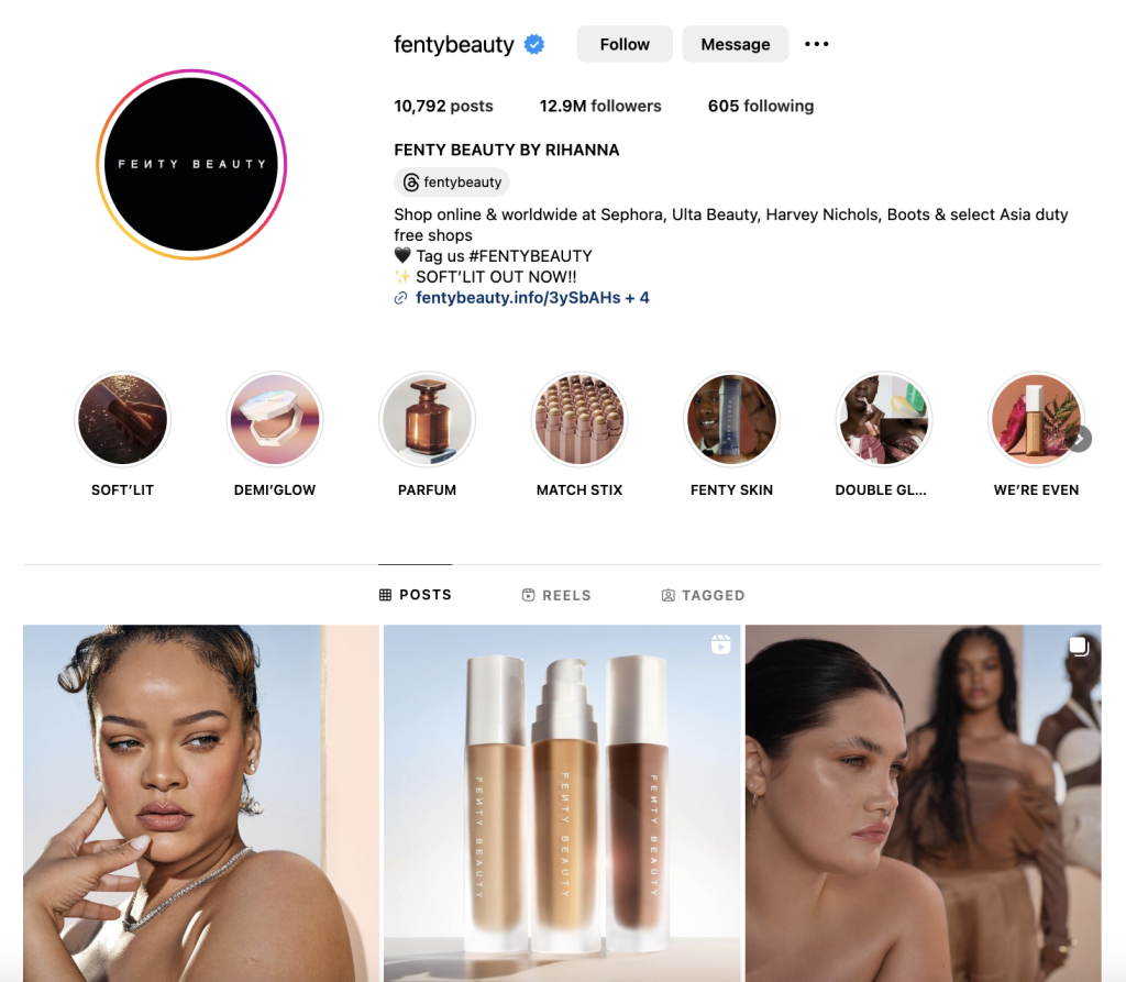 Fenty Beauty runs elaborate social media awareness strategies on Instagram. It posts new launches to improve awareness and partners with influencers to increase consideration. 