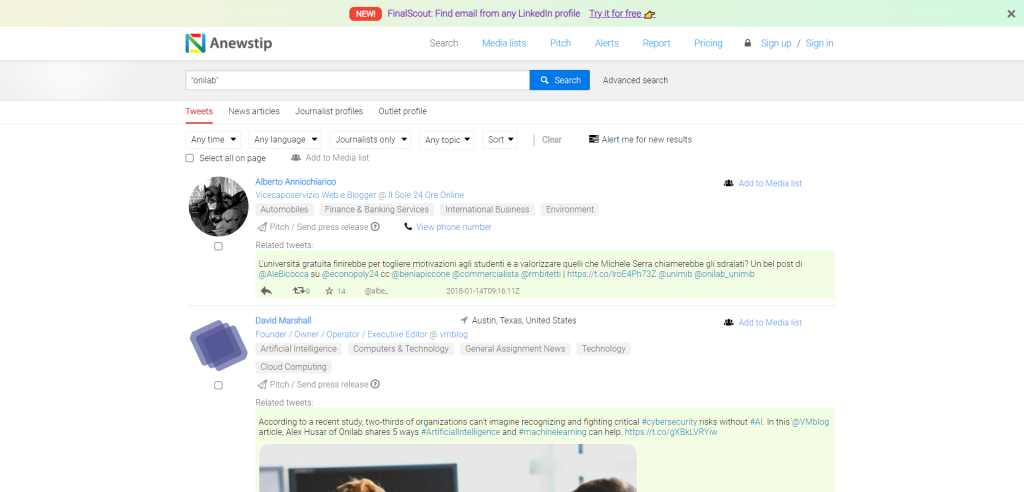Anewstip interface displaying media contacts and recent mentions