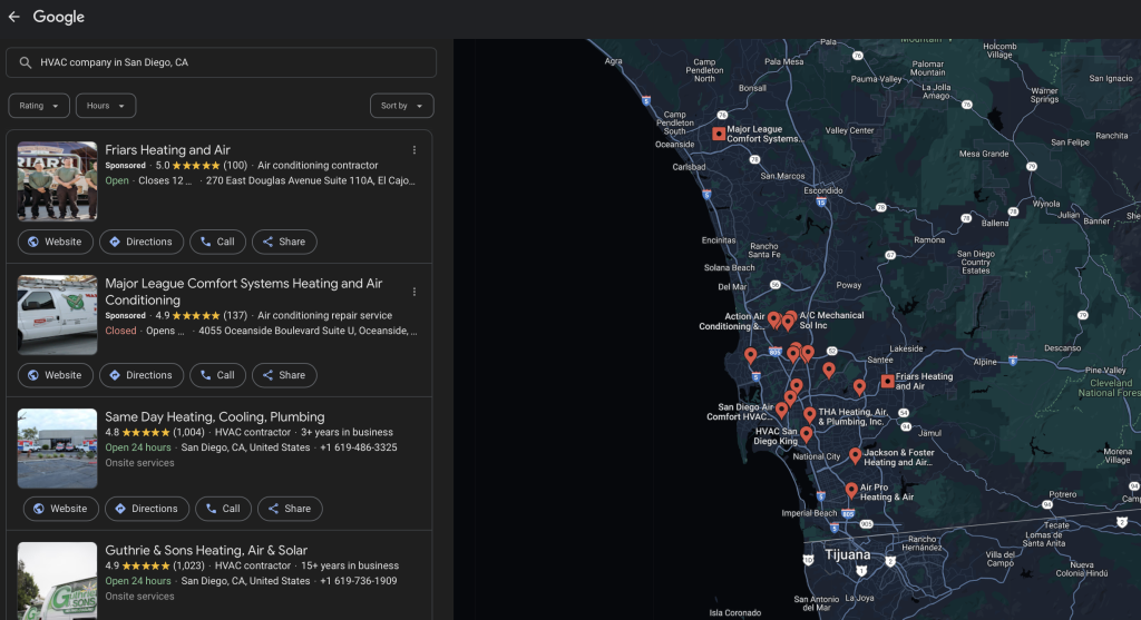 Use Google My Business profiles to get your competitors' name, address, and phone (NAP) details, including hours of operation, maps, and even ratings or reviews.
