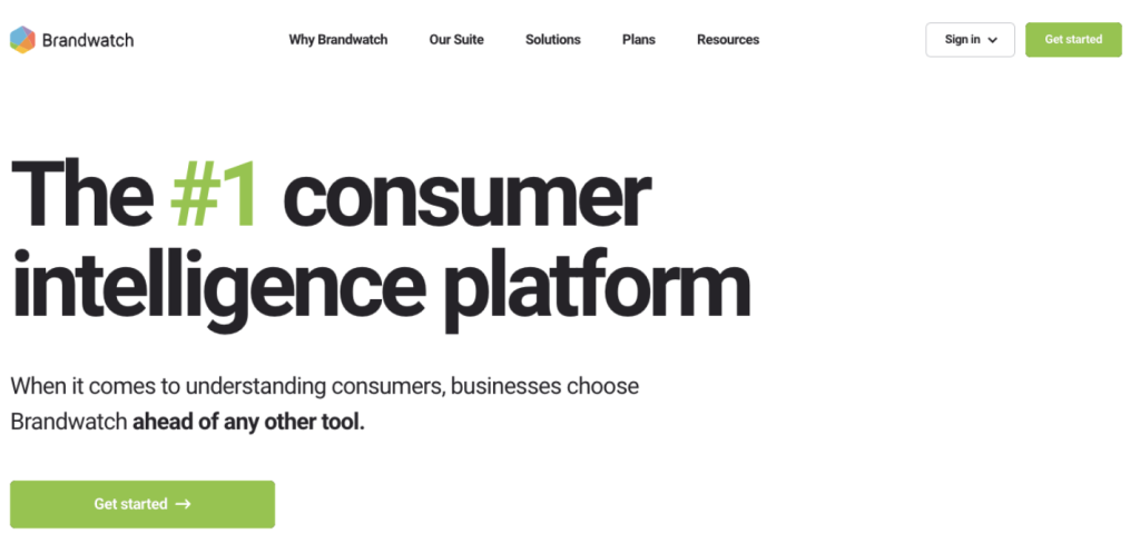 Screenshot of Brandwatch home page, a media monitoring solution for enterprises