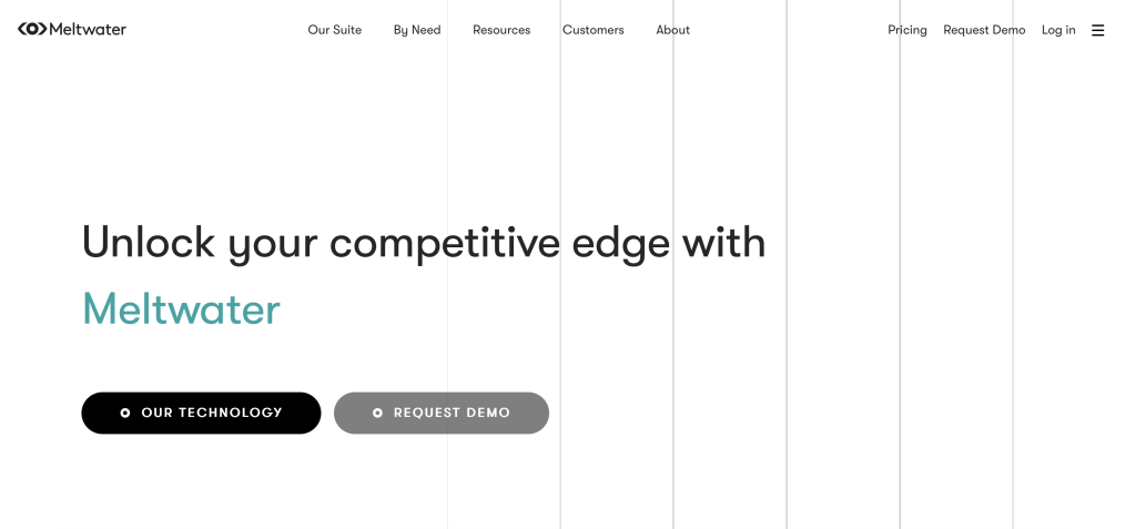 Screenshot of meltwater landing page, media monitoring solution for enterprises