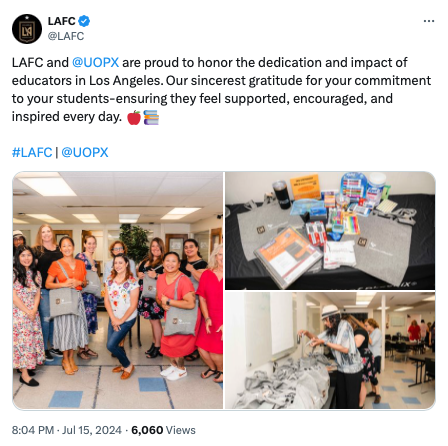 Screenshot of University of Phoenix partnership X post with LAFC