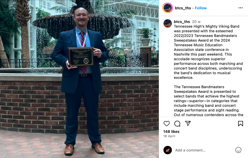 Screenshot of an Instagram post showing high school band winning award