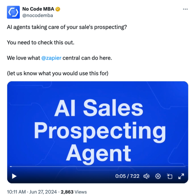 Screenshot of positive mention of Zapier on X
