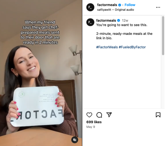 Screenshot of Factor Meals Instagram post highlighting convenience