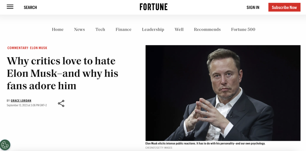 Screenshot of earned media Elon Musk article