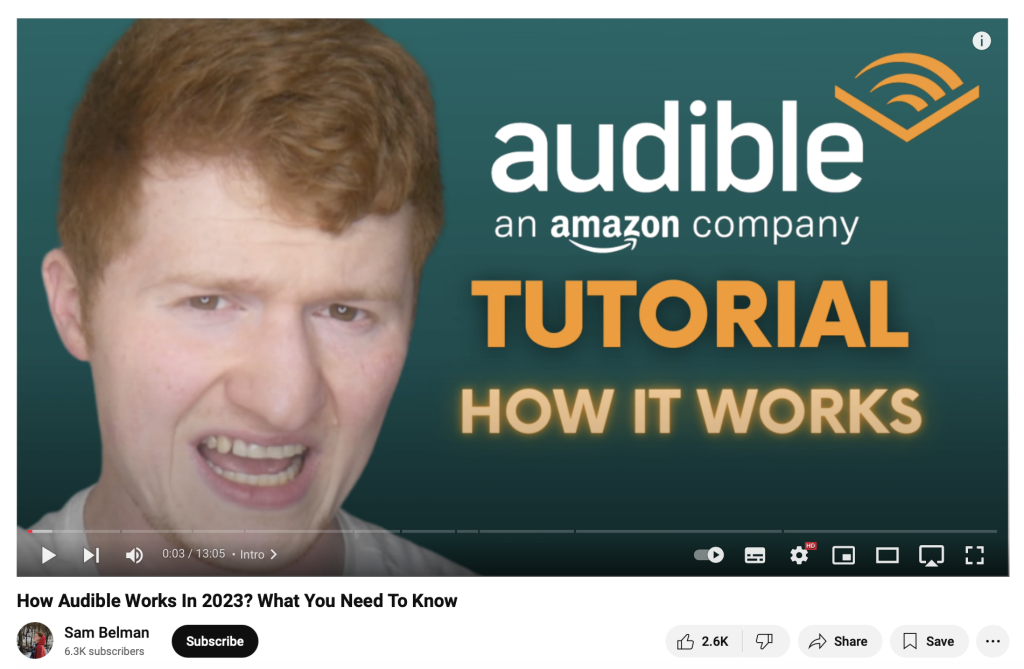 Screenshot of paid media YouTube Audible sponsored video