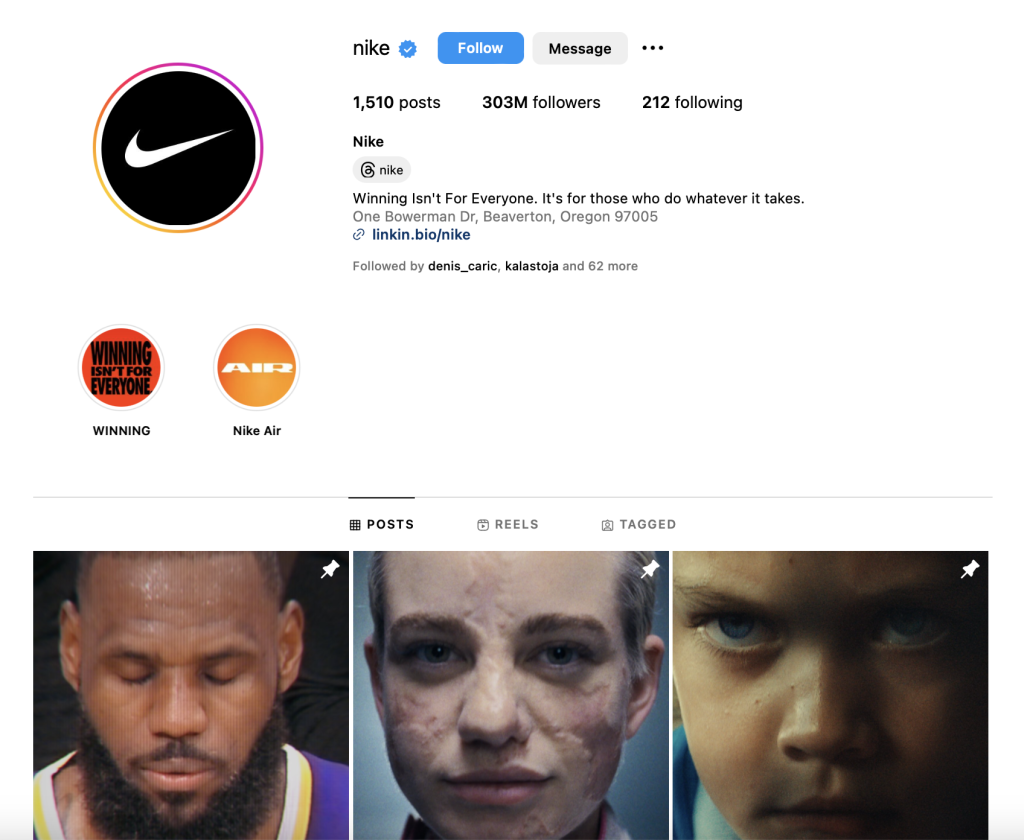 Screenshot of owned media Nike Instagram page