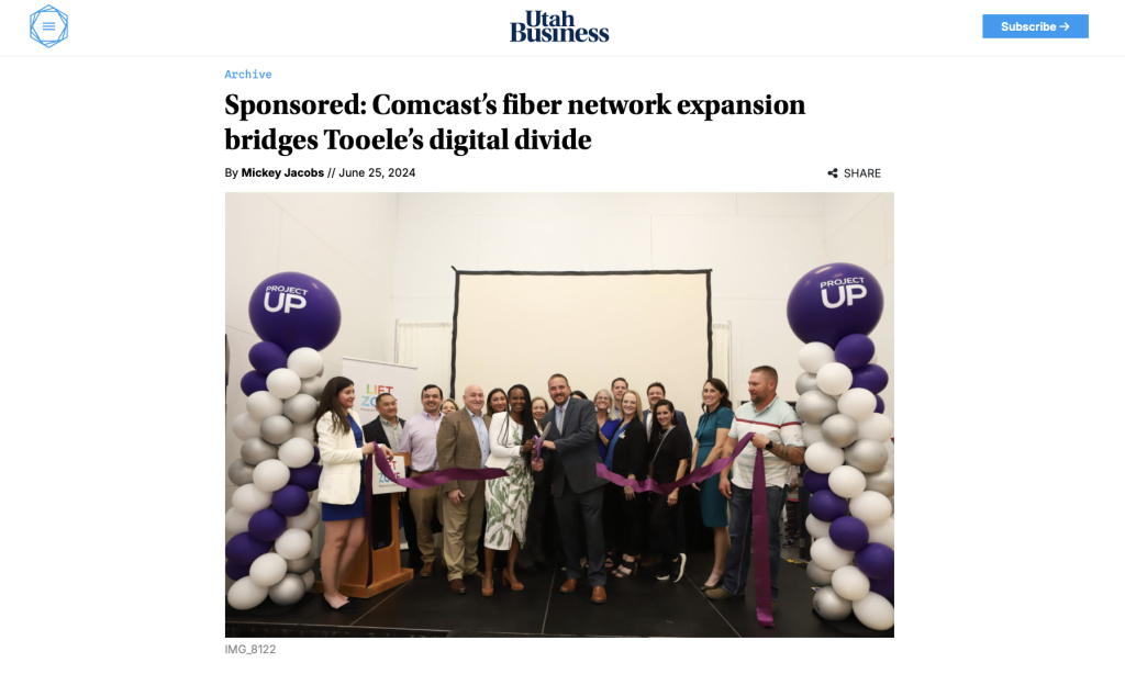 Screenshot of paid media placement for Comcast Business in Utah Magazine