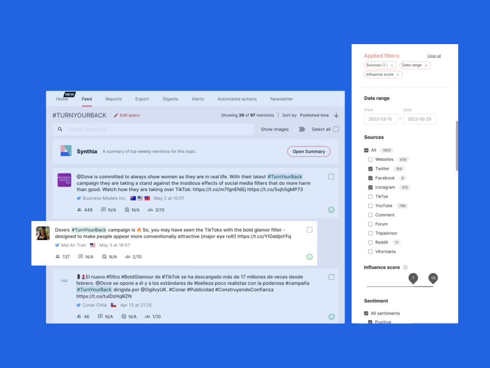 Determ brand monitoring dashboard with mentions, sentiment, and reach metrics