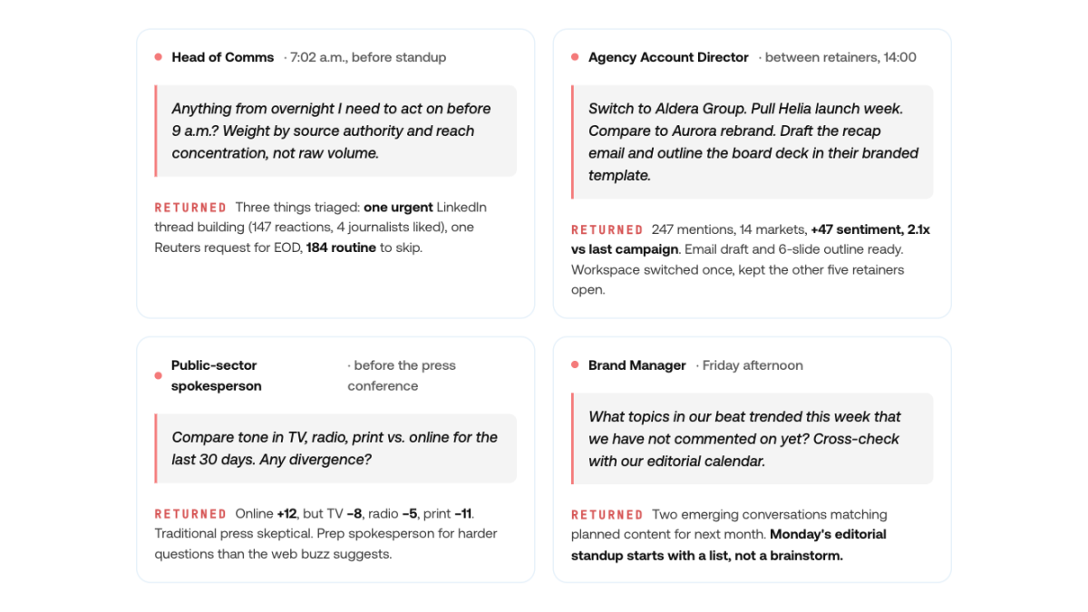 Four example prompts to the Determ MCP from a comms lead, agency director, public-sector spokesperson, and brand manager