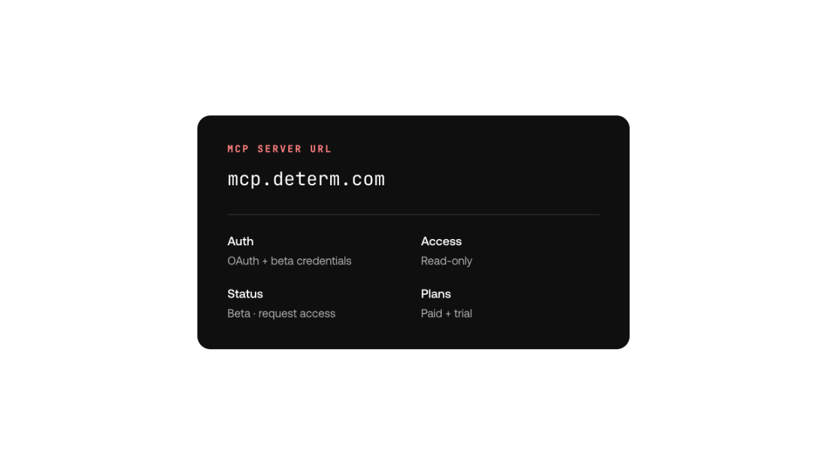 Determ MCP server connection details: mcp.determ.com, OAuth, read-only, beta